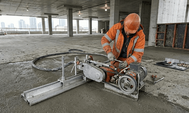 Advanced Concrete Tools screed in use leveling freshly poured concrete slab