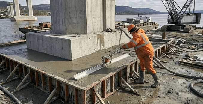Portable concrete screed leveling slab on construction jobsite