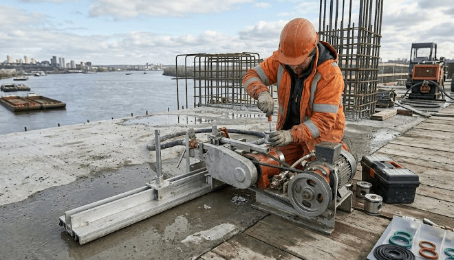 Portable concrete screed using vibration system to level wet concrete surface