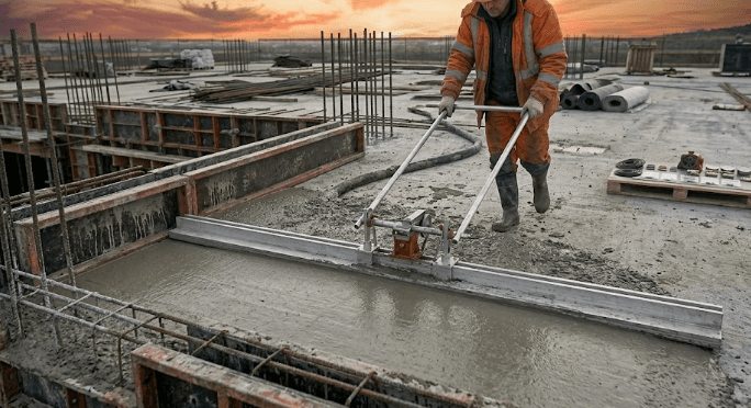 Advanced Concrete screed running across wet concrete during slab finishing