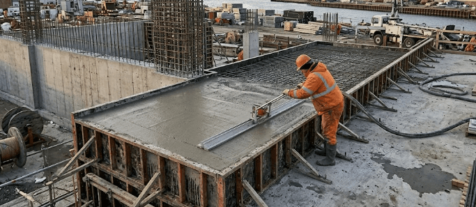 Concrete screed creating smooth finish across freshly poured slab