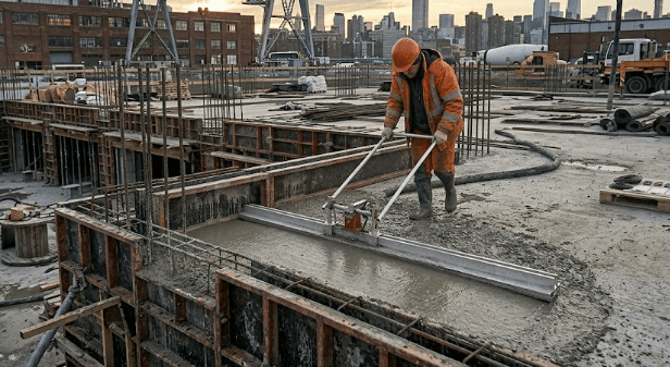 Contractor using concrete screed to level fresh concrete slab